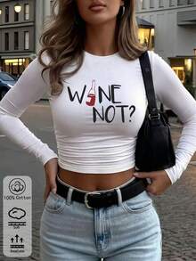 Women's Casual White 'Wine Not?' Graphic Long Sleeve T-Shirt; Soft Cotton Round Neck Top For Fall, Medium Stretch For A Bodycon Fit - White - View 4