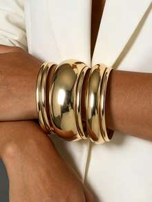 6pcs Vintage Elegant Wide Flat Metal Bangles, Suitable For Women's Daily, Party, Vacation Occasions, Gift - Gold - View 1