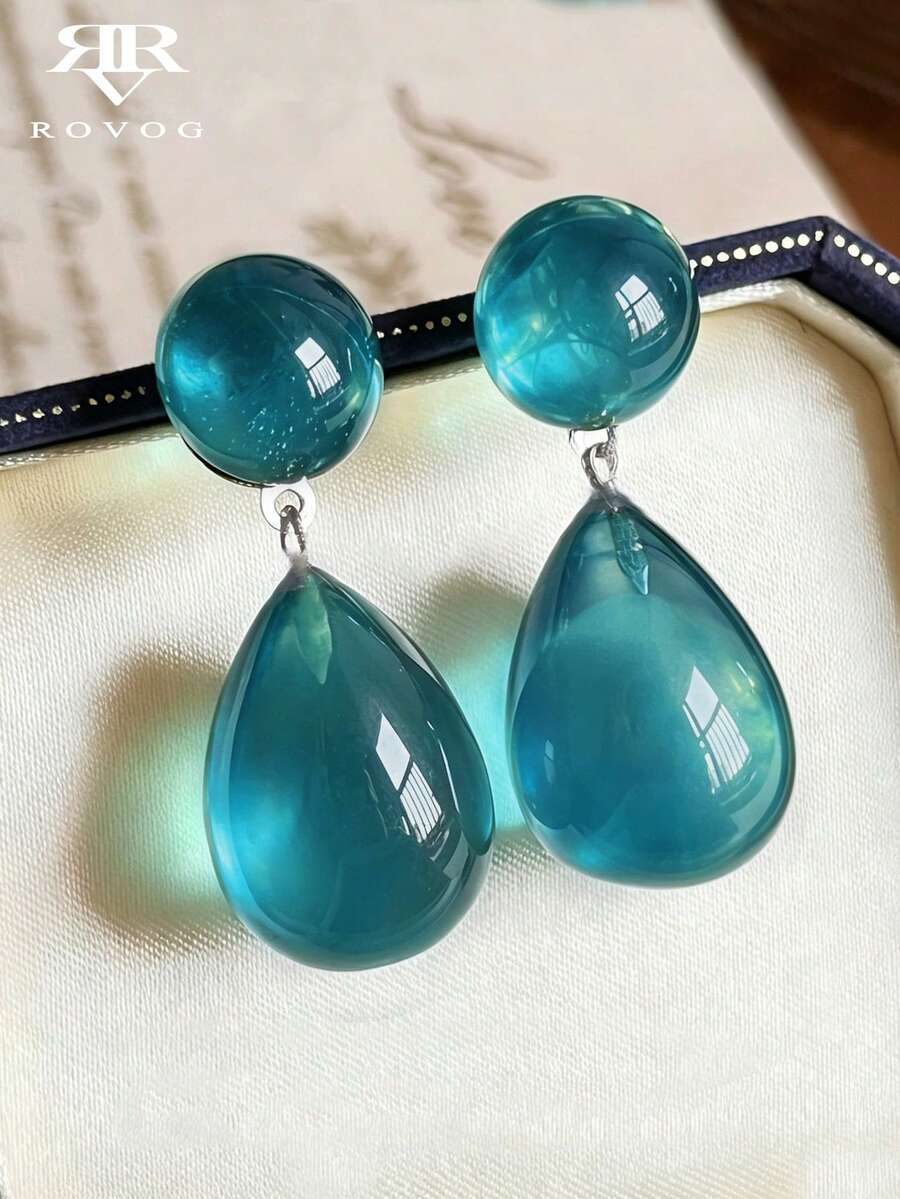 1 Pair Exquisite High-End Synthetic Resin Water Drop Earrings Suitable For Women's Casual Gatherings - Teal Blue - View 1
