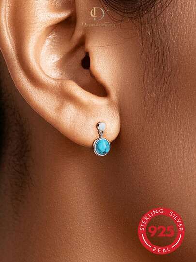 1 Pair Vintage Bohemian Style 925 Silver Bezel Round Turquoise Pendant Stud Earrings Suitable For Women's Daily And Vacation Wear