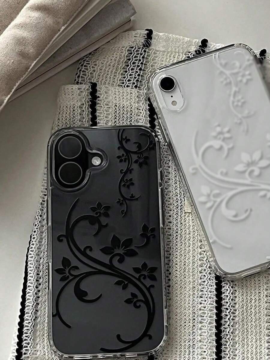 1件透明壓克力極簡花藤手機殼 - 相容於 Phone 17 Pro Max, 17 Pro, 17, 16 Pro Max, 16 Pro, 16, 15 Pro Max, 15 Pro, 14 Pro Max, 14 Pro, 14, 13 Pro Max, 13 Pro, 13, 12 Pro Max, 11, 手機保護殼 - 黑色花枝 - 查看 1