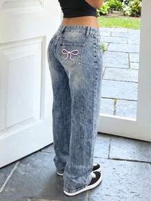 Women's Washed Straight Leg Jeans, Elegant Non-Stretch Woven Fabric, Button And Pocket Detail Design, Suitable For Party Wear, Autumn/Winter - Baby Blue - View 4