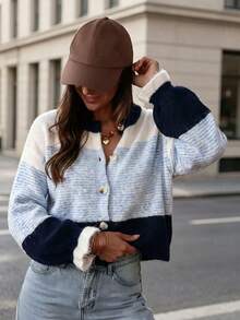 Cardigan Rajut Bergaris Warna Kontras, Kerah Bulat Kancing Tunggal, Manset Berkerut, Lengan Panjang, Jaket Kasual Longgar, Atasan Serbaguna Wanita untuk Musim Gugur/Dingin - MultiWarna - View 3