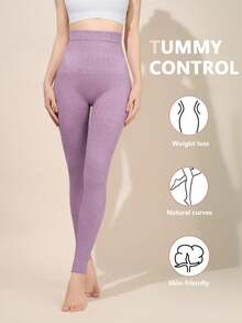 1pc Women's Purple High Waist Brushed Warm Leggings, Seamless Tummy Control Slim Fit Elastic Inner Layer, Brushed Thermal Slim Fit Base Layer - Multicolor - View 1