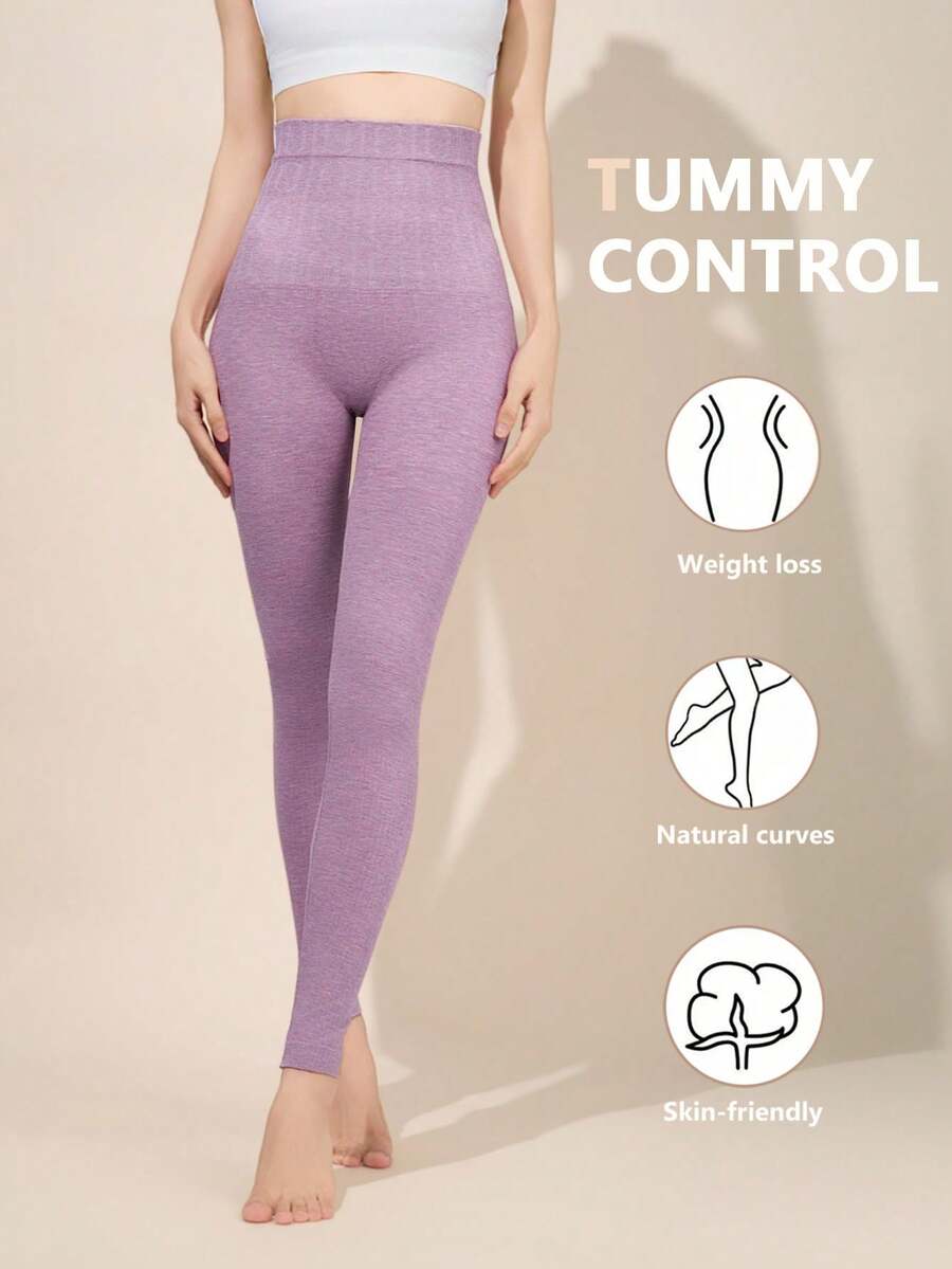 1pc Women's Purple High Waist Brushed Warm Leggings, Seamless Tummy Control Slim Fit Elastic Inner Layer, Brushed Thermal Slim Fit Base Layer - Multicolor - View 1