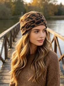 2/1pc Fall Winter Leopard Knit Wide Headbands For Women, Retro Animal Print Elastic Hairband, Fashion Hair Accessories For Casual Street Outfits - Multicolor - View 2