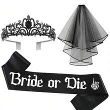 3pcs Halloween Ghost Bride Black Wedding Crown Veil Shoulder Strap Set Gothic Style Bachelorette Party - Multicolor - View 14