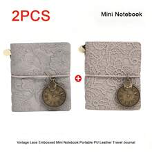 `2‑Pack Retro Lace Embossed PU Leather Pocket Notebook, Mini Portable Travel Journal With Watch Pendant Decor, Vintage Diary Notepad For Handmade Junk Journal` - Multicolor - View 14