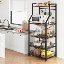 Techigher Küchenregal mit 5 Ebenen, Mikrowellenregal & Kaffeebar, Standregal im Industrie-Design mit 2 Metallkörben & 8 Haken, Küchen-Organizer für Töpfe & Gewürze - Verschiedenfarbig - Übersicht 6