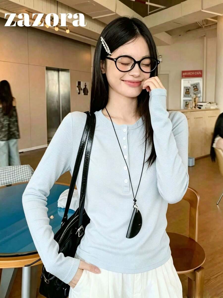 Korean Style Sweet & Spicy Niche Henley Collar Long Sleeve T-Shirt, Slim Fit Flattering Base Layer, Button Front Shoulder Top, Early Autumn - Blue - View 1