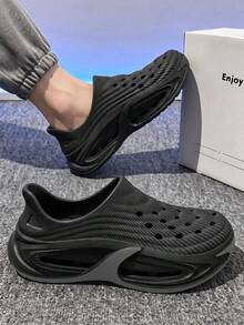 Men's Slip-On Hollow Perforated Quick-Dry EVA Garden Sandals, Summer Beach Shower Slides - Black - View 10
