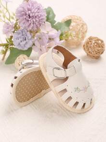 Infant Pre-Walking Shoes 0-18 Months, Summer Closed-Toe Floral Embroidered Sandals, Breathable Casual Girls Daily Shoes - White - View 5