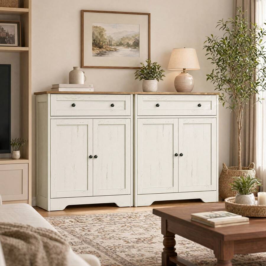 VASAGLE Sideboard, Storage Cabinet With Drawer And Adjustable Shelf - White - View 1