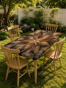 1pc Rectangular Elastic Tablecloth, Faux Wood Grain Geometric Floral Print Fitted Stretch Table Cover, Rustic Farmhouse Style Kitchen, Patio, Picnic And Outdoor Dining Table Decor - C - View 8