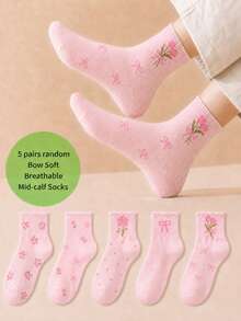 5 Pairs Random Bowknot Casual Comfortable Pink Mid-Calf Socks, Sweet Campus Style - Pink - View 3