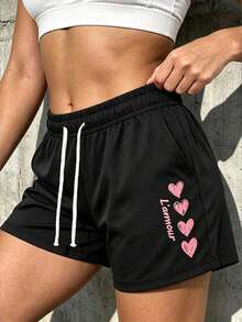 Women's Outdoor Sports Shorts Y2K Sweet Heart Letter Print, Drawstring Elastic Waistband, Side Pockets, Comfortable Fit, Suitable For Fitness, Running, Home Leisure Wear. Perfect Gift For Girlfriend - Black - View 1