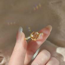 Light Luxury High-End Geometric Polygon Champagne Zirconia 18K Gold Plated Versatile Open Ring For Women - Champagne - View 2