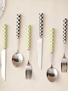 4/24pcs Unique Checkered Pattern Stainless Steel Tableware Set, Beautiful And Elegant Porcelain, Multiple Colors, Including Ceramic Handle Silverware, Creative Kitchen, Including Forks, Table Knife, Spoons, Dessert Spoon, Suitable For Daily Dining - Multicolor - View 10