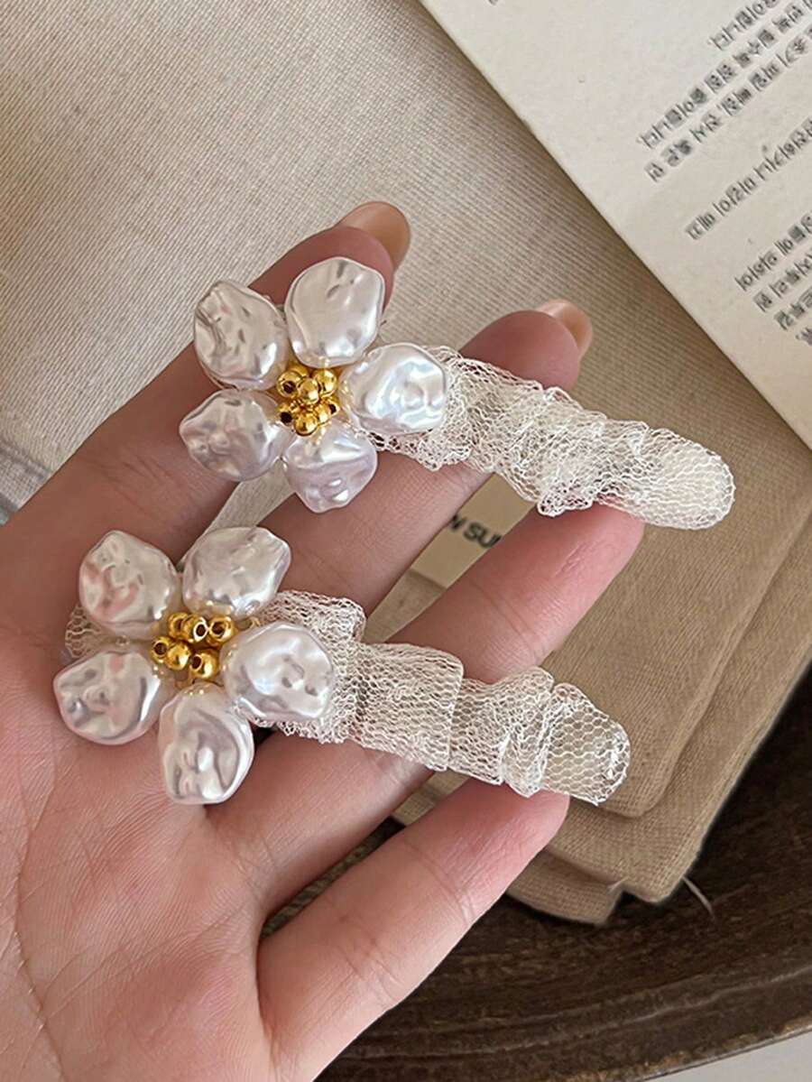 1PC Fairy-Style Lace Sweet Faux Pearl Flower Hair Clip, Side Bangs Straight Clip, Elegant Versatile Duckbill Hair Accessory For Women - Multicolor - View 1