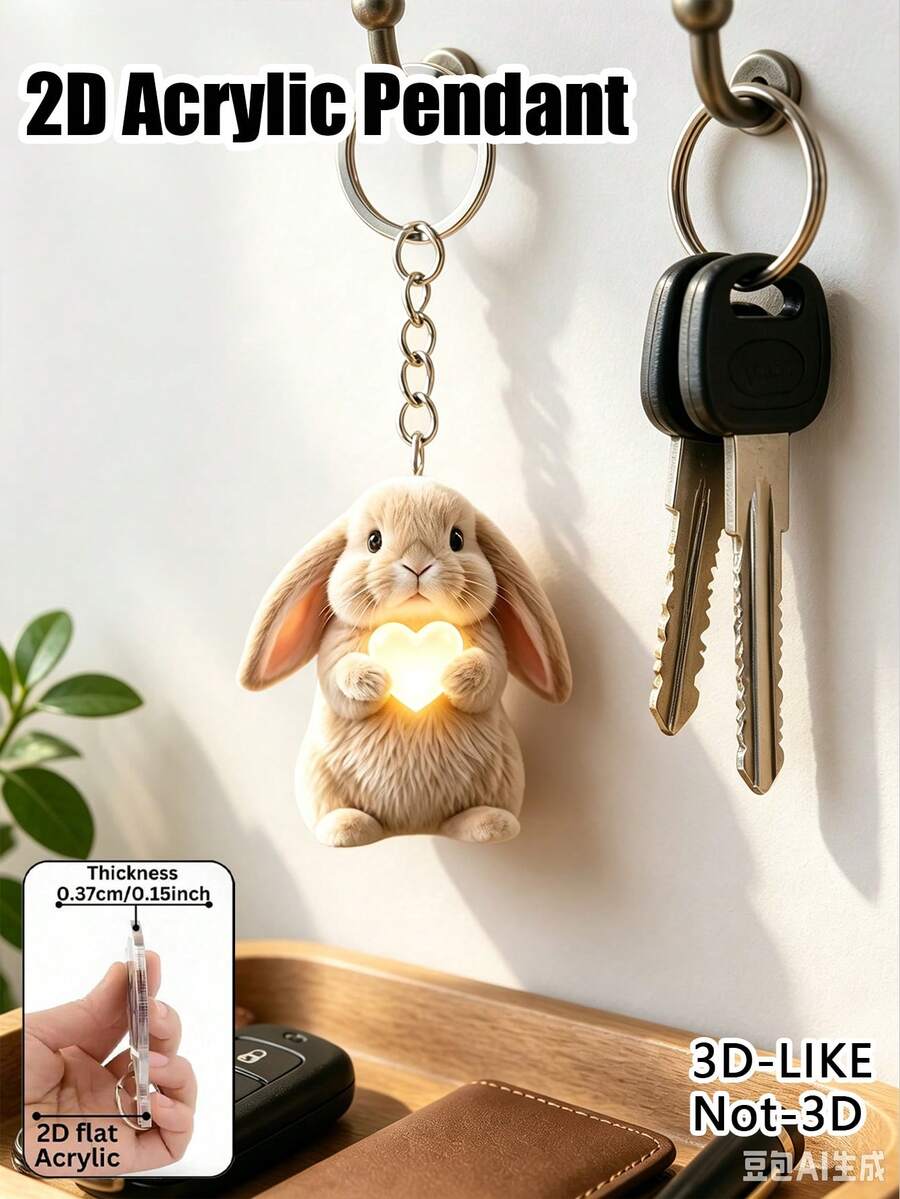 Cute 2d Flat Acrylic Lop-Eared Rabbit Heart Keychain, Bag Charm, Car Keychain Accessory, Gift For Girls (The Charm Is Flat, Not 3d). - Multicolor - View 1