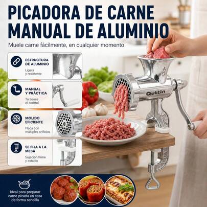 Quttin Manual Aluminum Meat Grinder With Table Clamp And Uniform Mincing Plate, Traditional Kitchen Meat Mincer, 18 X 23 Cm