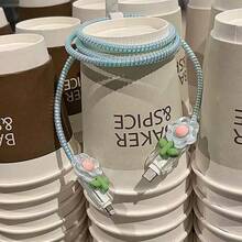 1組甜美花卉數據線保護套，適用於Apple 18W/20W，Ins甜美女孩風，送給朋友的理想小禮物，聖誕禮物 - 透藍色花 - 查看 6