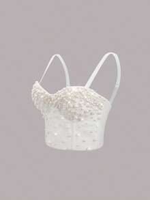 2026 Summer New Pearl Rhinestone Strapless Bustier Corset Top, Slimming Fitted Fishbone Bodice, Sparkling Holiday Outfit Fashion Tank Top For Women - White - View 6