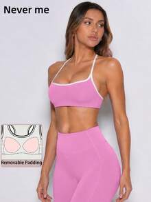 Never me Women's Color-Block Halter Sports Bra And High-Waisted Yoga Pants Set, Tummy Control And Butt-Lifting, Pilates Fitness Daily Wear - Pink - View 4