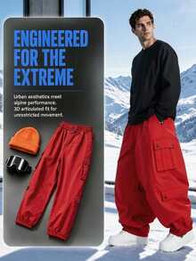 1 buah Celana Ski Kargo Super Longgar Unisex, Potongan Kaki Lebar Hip-Hop dengan Manset, Banyak Kantong Penyimpanan Kargo, Gaya Jalanan Merah Olahraga Musim Dingin - Merah - View 2