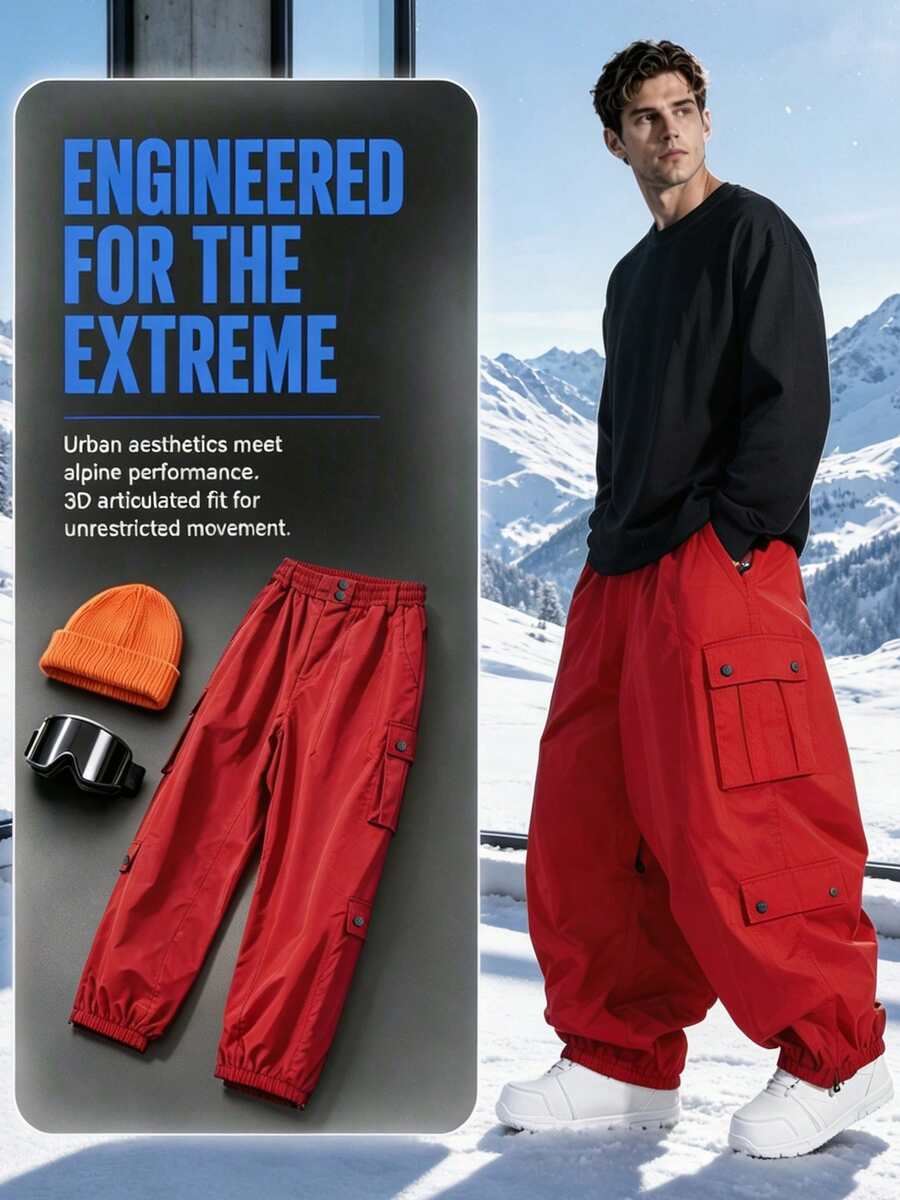 1 buah Celana Ski Kargo Super Longgar Unisex, Potongan Kaki Lebar Hip-Hop dengan Manset, Banyak Kantong Penyimpanan Kargo, Gaya Jalanan Merah Olahraga Musim Dingin