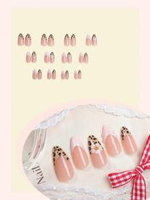 24pcs Almond Shape Press On Nails Leopard Print Pink 3D Flower Lace Fake Nails, 3D Gel Nail Stickers, Nail Supplies,DIY False Nails Y2K Acrylic Nail Kit With Jelly Gel & Nail File,Accessories For Women,For Autumn Party Daily Dating Wear - Multicolor - View 2