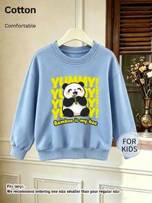 Kids Crew Neck Sweatshirt, Cute Panda Bamboo Printed Cotton Pullover, Soft Casual Long Sleeve Top - Blue - View 1