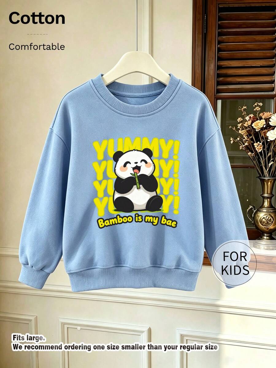 Kids Crew Neck Sweatshirt, Cute Panda Bamboo Printed Cotton Pullover, Soft Casual Long Sleeve Top - Blue - View 1