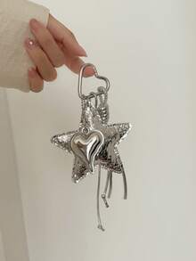 1pc + Silver Pentagram Heart Key Pendant, Glossy PU Pentagram Accessory With Heart Metal Clasp And Braided Hanging Rope Design, Suitable For Bag Decoration, Key Charm, Daily Matching, Can Hang Keys, Bags, Suitable As Christmas Gift, Mother's Day Gift, Birthday Gift, Birthday Surprise - Silver - View 2