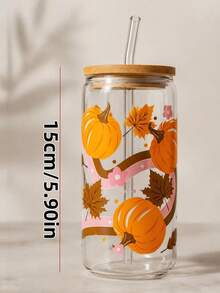 Vintage Autumn Theme Glass Straw Cup, Vibrant Pumpkin And Brown Maple Leaf Pattern, Pink Ribbon Floral Accents, Bamboo Lid, Large Capacity Iced Latte Juice Daily Beverage Cup - Multicolor - View 7