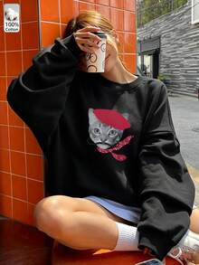 Oversized Women's Sweatshirt For Autumn/Winter, Casual Daily Wear, Long Sleeve Hoodie, Outerwear Top, Y2K, Letter Slogan Graphic, Unisex,Black - Black - View 4