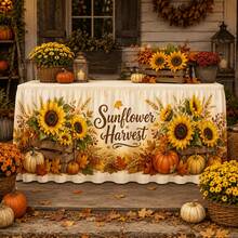1pc Sunflower Harvest Wooden Box Pumpkin Wheat Maple Leaf Berry Autumn Thanksgiving Farm Tablecloth Decor - A - View 1
