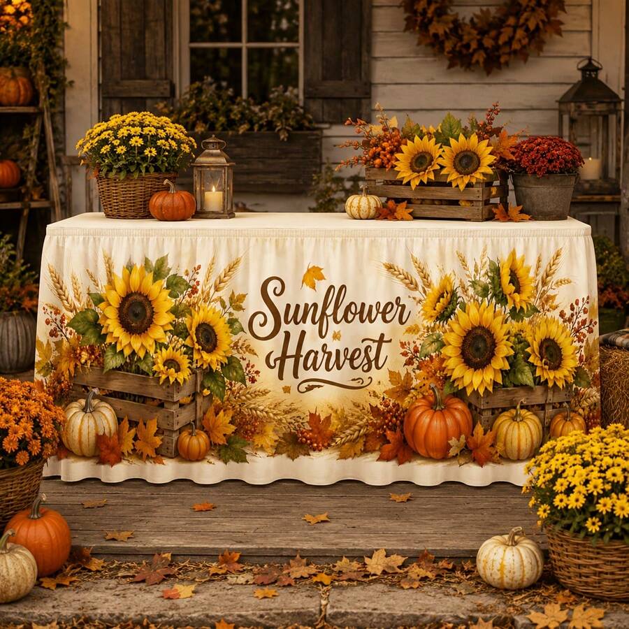 1pc Sunflower Harvest Wooden Box Pumpkin Wheat Maple Leaf Berry Autumn Thanksgiving Farm Tablecloth Decor - A - View 1