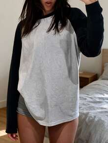 Women's Ribbed Knit Long Sleeve Raglan Round Neck Regular Fit Pullover Casual Top, Autumn - Grey - View 3
