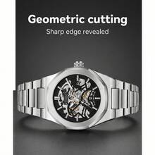 LONGLUX 1pc Men's Hollow Automatic Mechanical Watch With Butterfly Clasp Steel Band, Minimalist Fashion For Daily Wear, Holiday Gift - Black - View 6