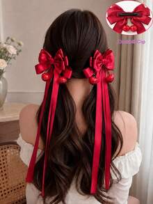 1/2pcs Burgundy Satin Long Bow Hair Clips, Japanese JK Style Sweet Girl Twin Ponytail Cute Cherry Exquisite Hair Accessories - Red - View 1