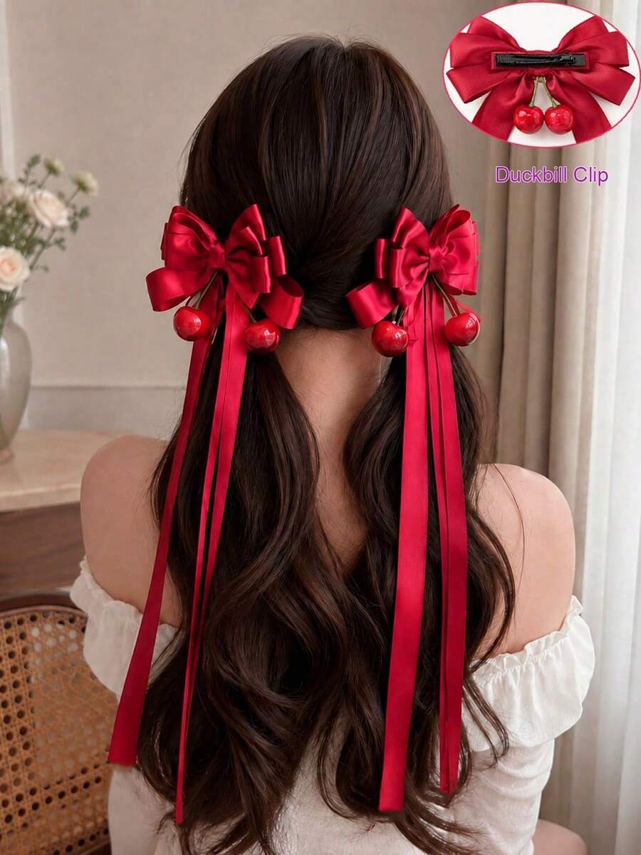 1/2pcs Burgundy Satin Long Bow Hair Clips, Japanese JK Style Sweet Girl Twin Ponytail Cute Cherry Exquisite Hair Accessories - Red - View 1