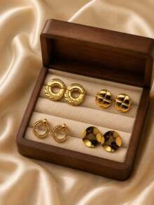 Women's Gold Stainless Steel Earring Set, Geometric Hoop Earrings And Studs, Vintage Personalized Jewelry, Suitable For Daily Wear And Parties - Gold - View 2