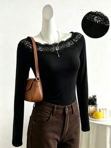 French Lace Patchwork Elegant Black Top For Women, Casual Slimming Fitted T-Shirt, Autumn Outfit - Black - View 5