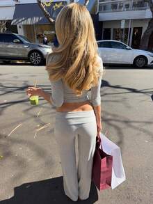 Fashionable Sexy Chic Minimalist Spring/Autumn Versatile Draped Flared Pants Set - Grey - View 5