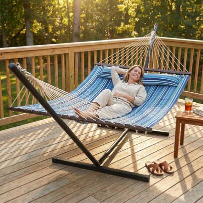 Outsunny Outdoor Hammock With Stand, Detachable Pillow And Spreader Bars, Heavy Duty Hammock For Outdoor, 264 Lbs Capacity Steel Stand, Blue