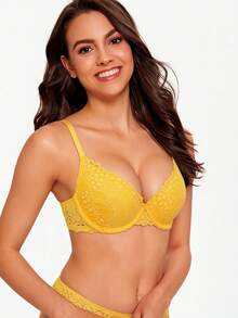 Women's Yellow Lace Push Up Bra Padded Molded Cups Convertible Cross Back Sexy Deep V Bralette Lingerie - Yellow - View 4
