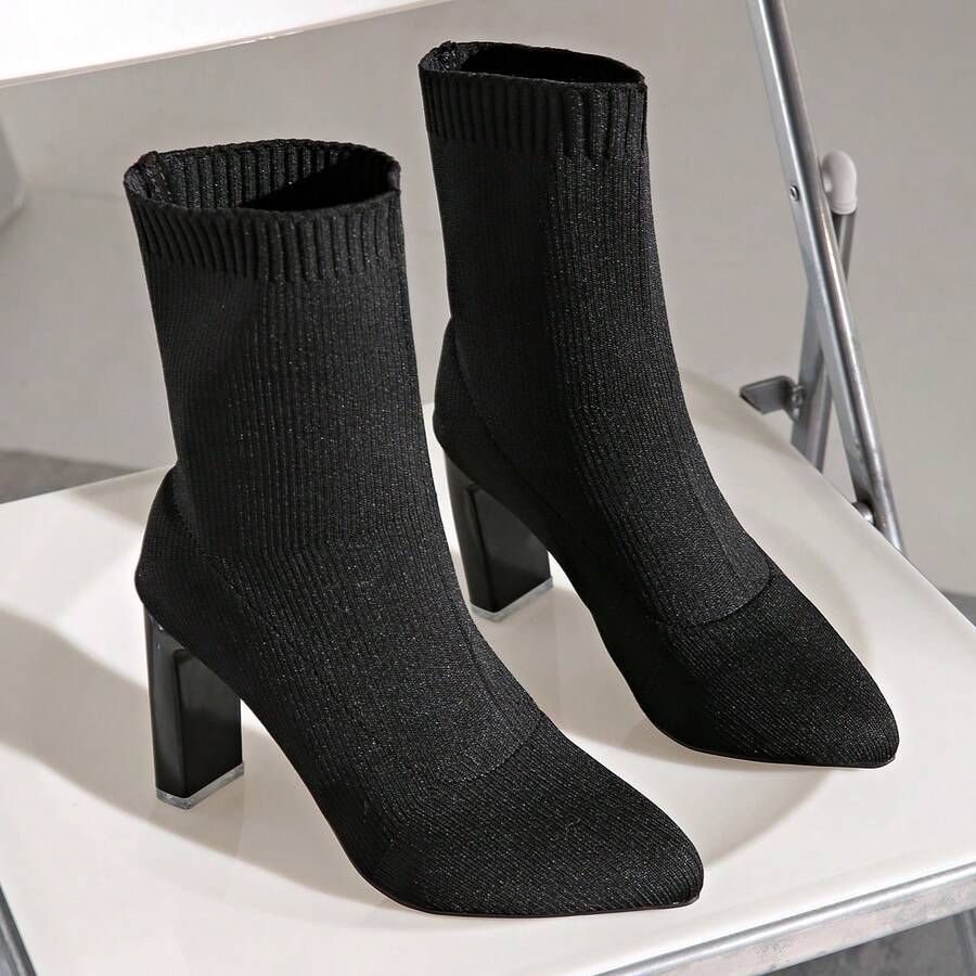 Women's Solid Color Fashion Woven Chunky Heel Ankle Boots For Outdoor And Indoor Wear In Autumn/Winter - Black - View 1