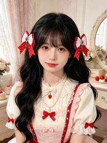 2pcs Polka Dot Satin Bow Hair Clips With Rhinestone Heart & Strawberry Pendant, Sweet Lolita Hair Accessories For Dating, Daily Wear And Photo Shoots - Multicolor - View 2