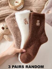 3 Pairs Warm & Comfortable Cute Bear Embroidery Pattern Women's Fuzzy Mid-Calf Socks, Suitable For Autumn/Winter - Multicolor - View 8